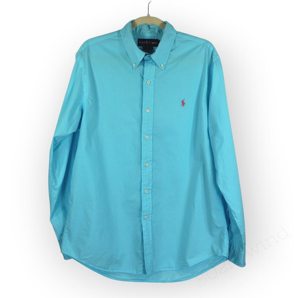 Ralph Lauren Polo Shirt Mens L Turquoise Pink Pony Custom Fit Lightweight Summer